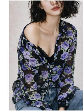 NWT MANGO Sheer Floral Blouse Y2K Boho Vintage Street Style Layer Top - SZ 2